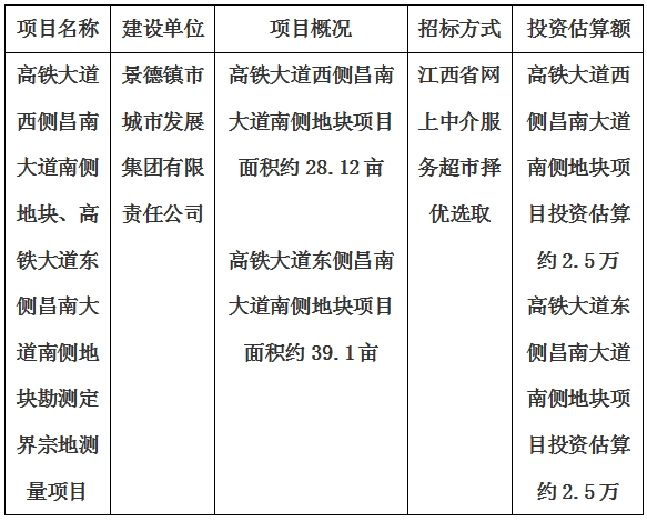 景德鎮(zhèn)市高鐵大道西側(cè)昌南大道南側(cè)地塊、高鐵大道東側(cè)昌南大道南側(cè)地塊勘測(cè)定界宗地測(cè)量項(xiàng)目計(jì)劃公告