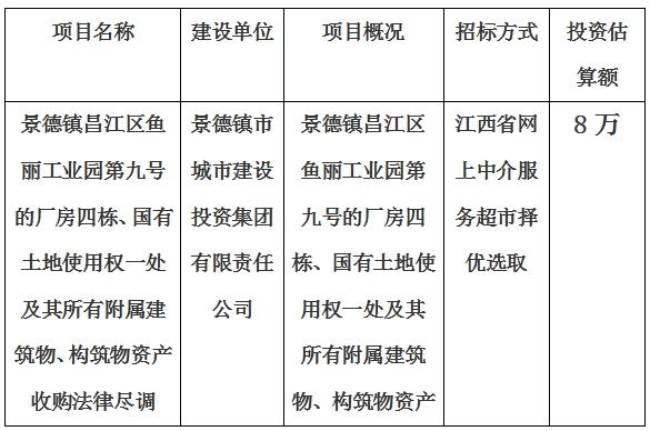 景德鎮(zhèn)昌江區(qū)魚麗工業(yè)園第九號的廠房四棟、國有土地使用權(quán)一處及其所有附屬建筑物、構(gòu)筑物資產(chǎn)收購法律盡調(diào)項(xiàng)目計(jì)劃公告