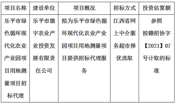 樂平市綠色循環(huán)現(xiàn)代化農(nóng)業(yè)產(chǎn)業(yè)園項目用地測量項目招標代理計劃公告