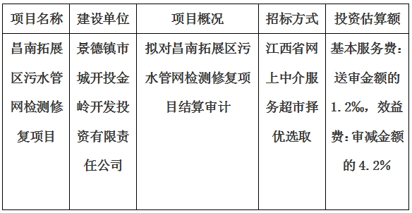 昌南拓展區(qū)污水管網(wǎng)檢測修復項目結算審計服務項目計劃公告