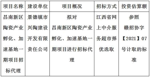 昌南新區(qū)陶瓷產(chǎn)業(yè)孵化、加速基地一期項目招標(biāo)代理計劃公告