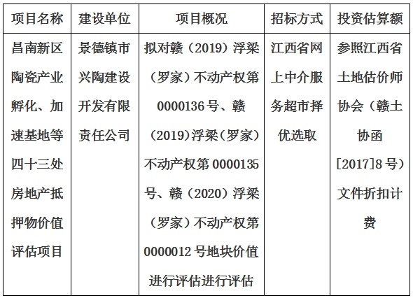 昌南新區(qū)陶瓷產(chǎn)業(yè)孵化、加速基地等四十三處房地產(chǎn)抵押物價值評估單位選取計劃公告