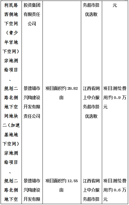 景德鎮(zhèn)市昌南新區(qū)LJ1-03-A01-1地塊、瓷都大道東側(cè)中渡口地下空間（格蘭云天大酒店地下空間）、光明大道北側(cè)利民路西側(cè)地下空間（青少年宮地下空間）、規(guī)劃二路北側(cè)地下空間地塊二（加速基地地下空間）、規(guī)劃二路北側(cè)地下空間地塊一（加速基地地下空間）、景德大道南側(cè)天寶橋西側(cè)地塊、景興大道東側(cè)如意路北側(cè)地下空間(社會(huì)公共服務(wù)