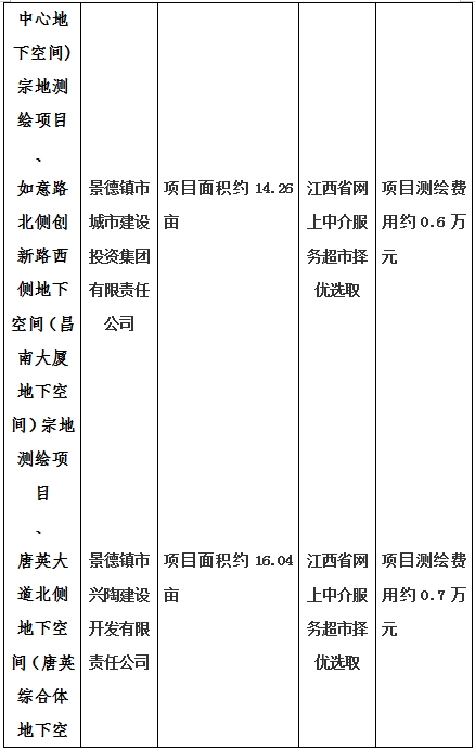 景德鎮(zhèn)市昌南新區(qū)LJ1-03-A01-1地塊、瓷都大道東側(cè)中渡口地下空間（格蘭云天大酒店地下空間）、光明大道北側(cè)利民路西側(cè)地下空間（青少年宮地下空間）、規(guī)劃二路北側(cè)地下空間地塊二（加速基地地下空間）、規(guī)劃二路北側(cè)地下空間地塊一（加速基地地下空間）、景德大道南側(cè)天寶橋西側(cè)地塊、景興大道東側(cè)如意路北側(cè)地下空間(社會(huì)公共服務(wù)
