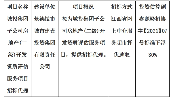 城投集團(tuán)子公司房地產(chǎn)(二級(jí))開發(fā)資質(zhì)評(píng)估服務(wù)項(xiàng)目招標(biāo)代理計(jì)劃公告