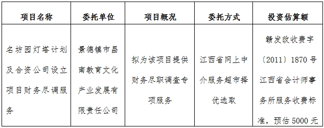 名坊園燈塔計劃及合資公司設立項目財務盡調(diào)服務計劃公告